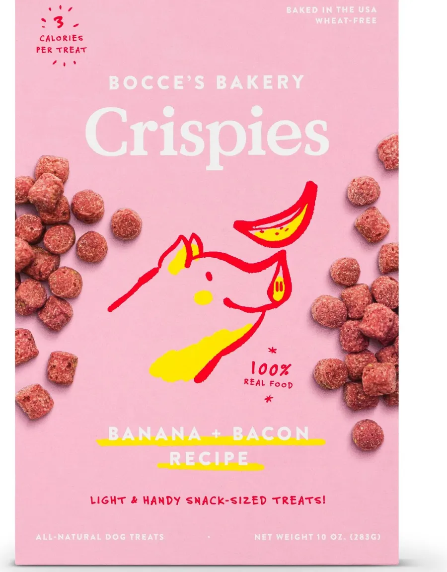 New Bocce's Bakery Crispies Banana & Bacon Recipe Dog Treats, 10-oz