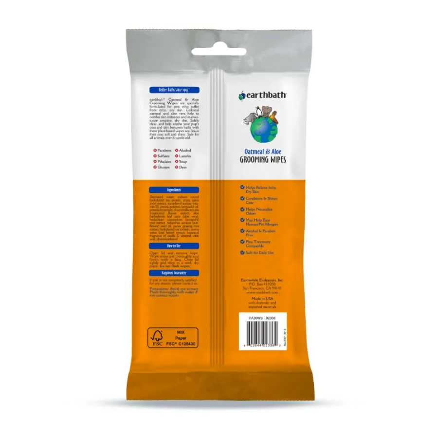 Online earthbath Oatmeal & Aloe Grooming Wipes, Vanilla & Almond, 30-count