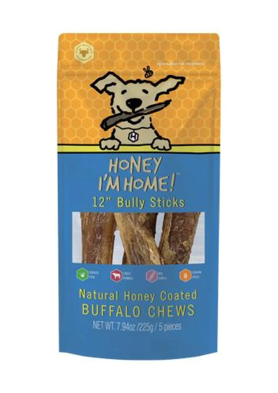 New Honey I'm Home Natural Honey Coated Buffalo Bully Sticks Dog Treats, 12-in, 5-pk