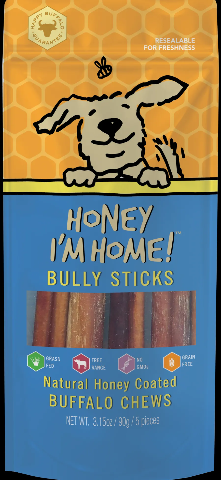 New Honey I'm Home Natural Honey Coated Buffalo Bully Sticks Dog Treats, 6-in, 5-pk