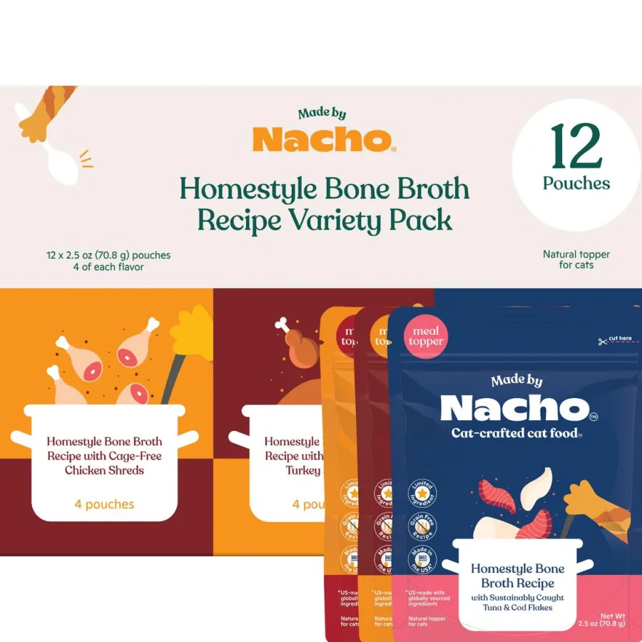 Best Made By Nacho Homestyle Bone Broth with Protein Shreds & Flakes Cat Food Topper Pouch Variety Pack, 2.5-oz, 12-pk