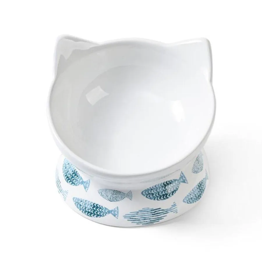 Best Park Life Designs Oscar Fish Tilt Cat Bowl, White/Blue, 10-oz