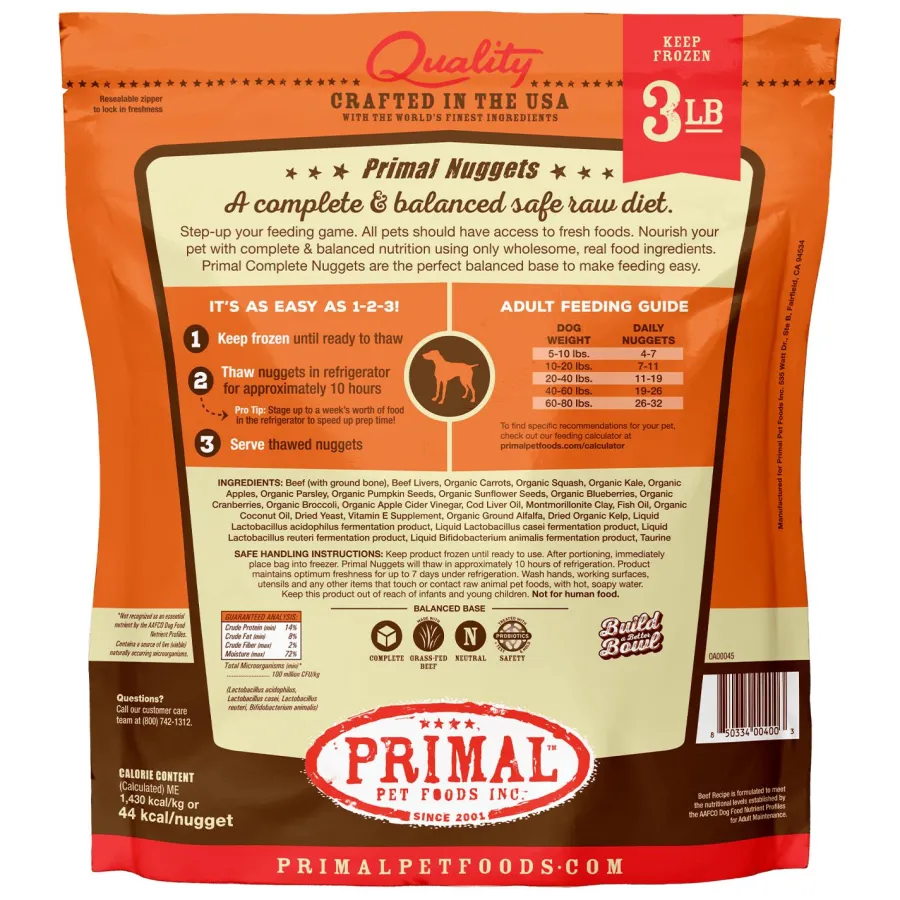 Fashion Primal Pet Foods Primal Raw Frozen Nuggets Beef Formula Dog Food, 3-lb