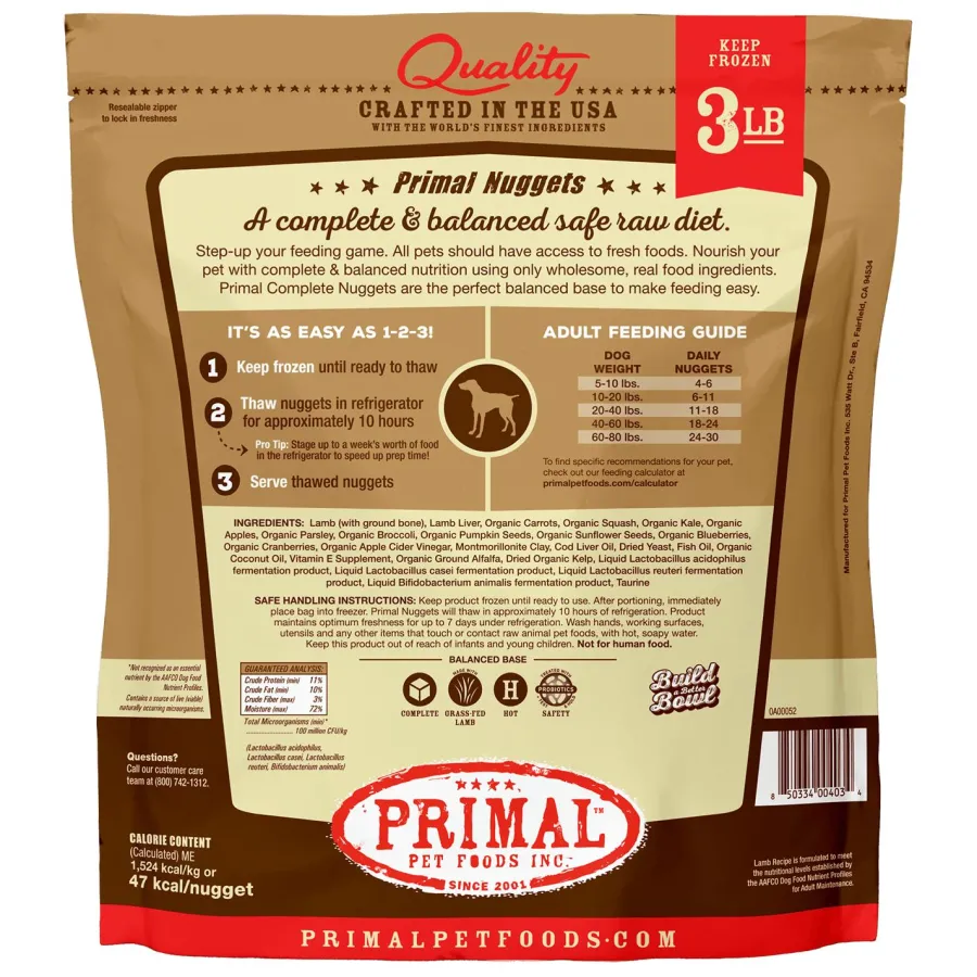 Online Primal Pet Foods Primal Raw Frozen Nuggets Lamb Formula Dog Food, 3-lb