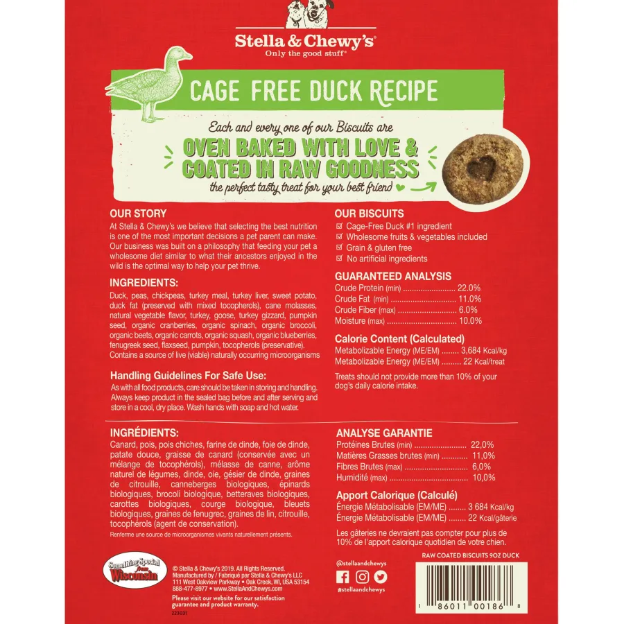 New Stella & Chewy's Raw Coated Biscuits Cage-Free Duck Recipe Dog Treats, 9-oz