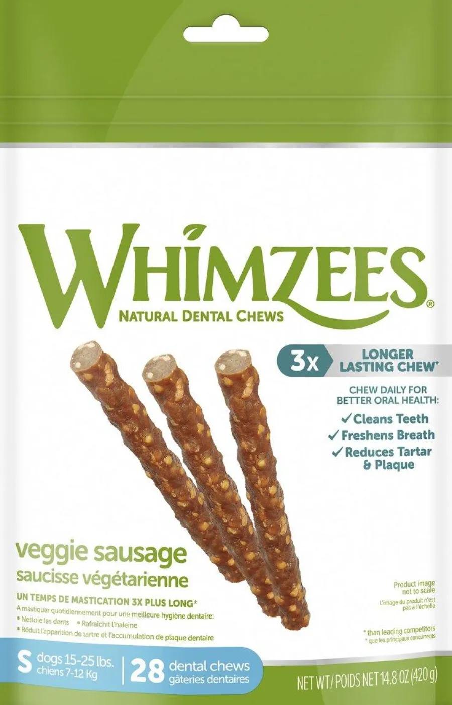 Hot Whimzees Veggie Sausage Chews Packaged Dental Dog Treats, Small, 28-count